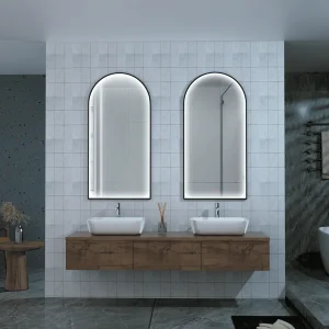 Espejo de baño Roma tipo capilla con luz LED perimetral y marco negro mate, doble, sobre mueble de madera
