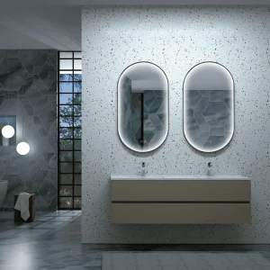 Espejo de baño Río elíptico con luz LED perimetral y marco negro mate, ambientado en baño