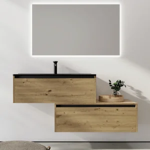Conjunto de mueble de baño suspendido Bahía 80 cm con lavabo cerámico negro, en madera con lavabo negro