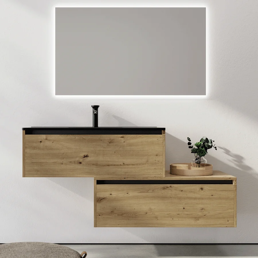 1 Conjunto de mueble de baño suspendido Bahía 80 cm con lavabo cerámico negro, en madera con lavabo negro