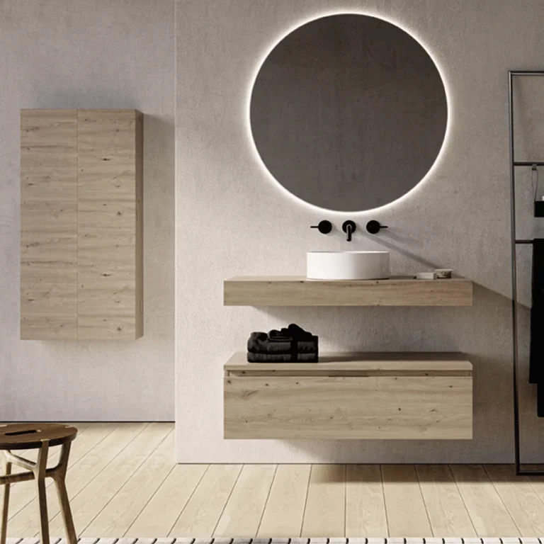 Mueble de baño suspendido June 1 cajón y encimera laminada, en madera clara con espejo redondo