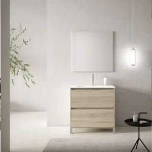 Mueble de baño Porto con patas y 2 cajones – lavabo incluido, en madera clara con espejo