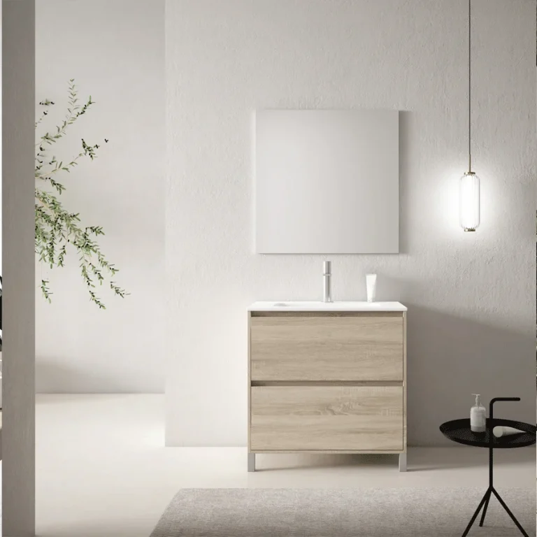 Mueble de baño Porto con patas y 2 cajones – lavabo incluido, en madera clara con espejo