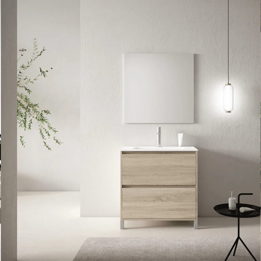 Mueble de baño Porto con patas y 2 cajones – lavabo incluido, en madera clara con espejo