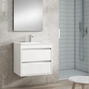 Mueble de baño Slider dos cajones suspendido con lavabo porcelánico, en blanco, ambientado en baño