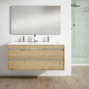Mueble de baño Slider suspendido 120 cm con doble lavabo porcelánico, en madera, ambientado en baño