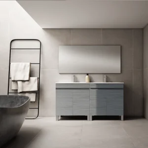 Mueble de baño Stephanie 120 cm con doble lavabo cerámico y 4 puertas, en gris, ambientado en baño