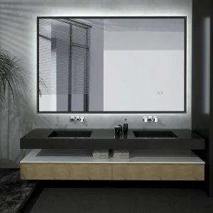 Espejo California retroiluminado con marco en acero inoxidable, instalado sobre encimera