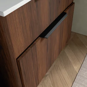 Conjunto de baño Luva 120 cm con doble lavabo porcelánico y cajón XL, detalle del tirador