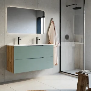 Mueble de baño Roma suspendido con 2 cajones, frontal lacado y tapa de melamina, en verde, ambientado en baño
