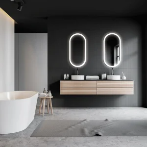 Espejo Canadá elíptico con luz LED fría y anti-vaho, doble, sobre mueble con dos lavabos
