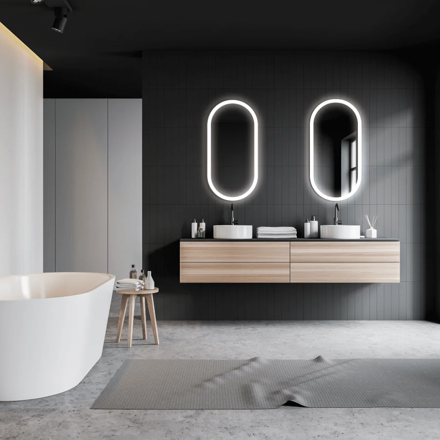 Espejo Canadá elíptico con luz LED fría y anti-vaho, doble, sobre mueble con dos lavabos