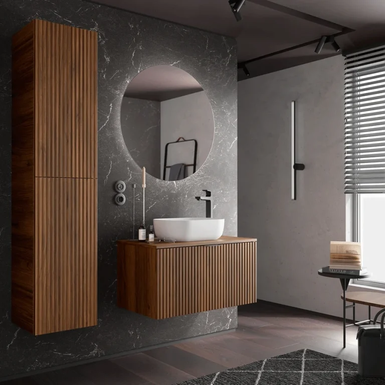 Conjunto de baño Biba con 2 cajones y encimera para lavabo sobre encimera, en madera oscura con espejo redondo retroiluminado