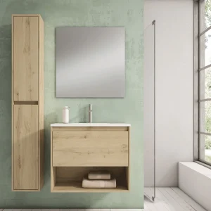 Columna de baño auxiliar 160 cm con puertas y cierre amortiguado, en madera, ambientado en baño