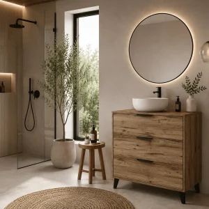 Mueble de baño Apolo con patas 3 cajones y tapa de melamina para lavabo sobre encimera, en madera, ambientado en baño