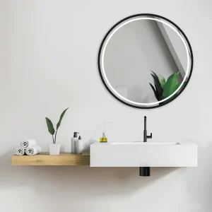 Espejo redondo LED en negro con luz Triled y anti-vaho, sobre lavabo con encimera de madera
