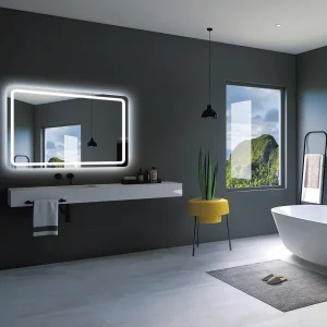 Espejo de baño Grecia cuadrado con cantos redondeados y luz LED frontal fría, ambientado en baño gris
