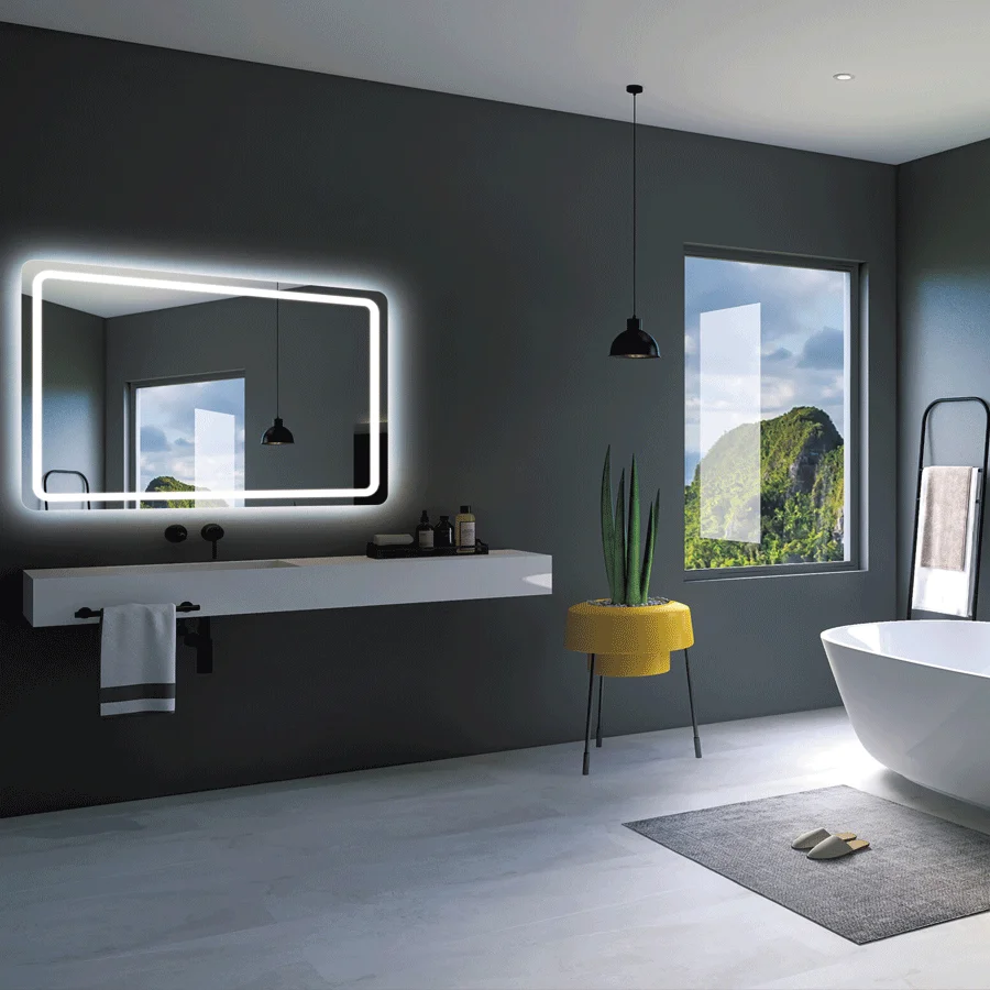 Espejo de baño Grecia cuadrado con cantos redondeados y luz LED frontal fría, ambientado en baño gris