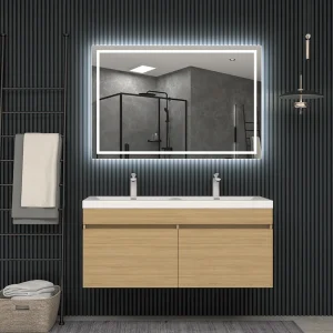 Espejo de baño Holanda cuadrado con luz LED frontal fría y antivaho, ambientado en baño