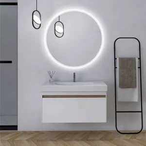 Espejo redondo Bélgica con luz LED fría y contorno arenado, ambientado en baño