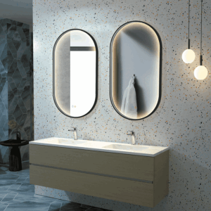 Espejo de baño Río elíptico con luz LED perimetral y marco negro mate