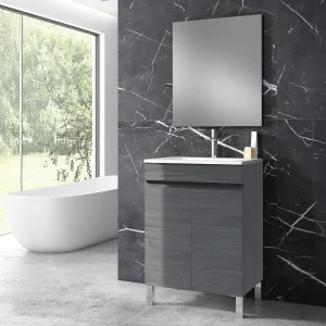Mueble de baño Stephanie con 2 puertas, patas y lavabo cerámico, en gris antracita con espejo