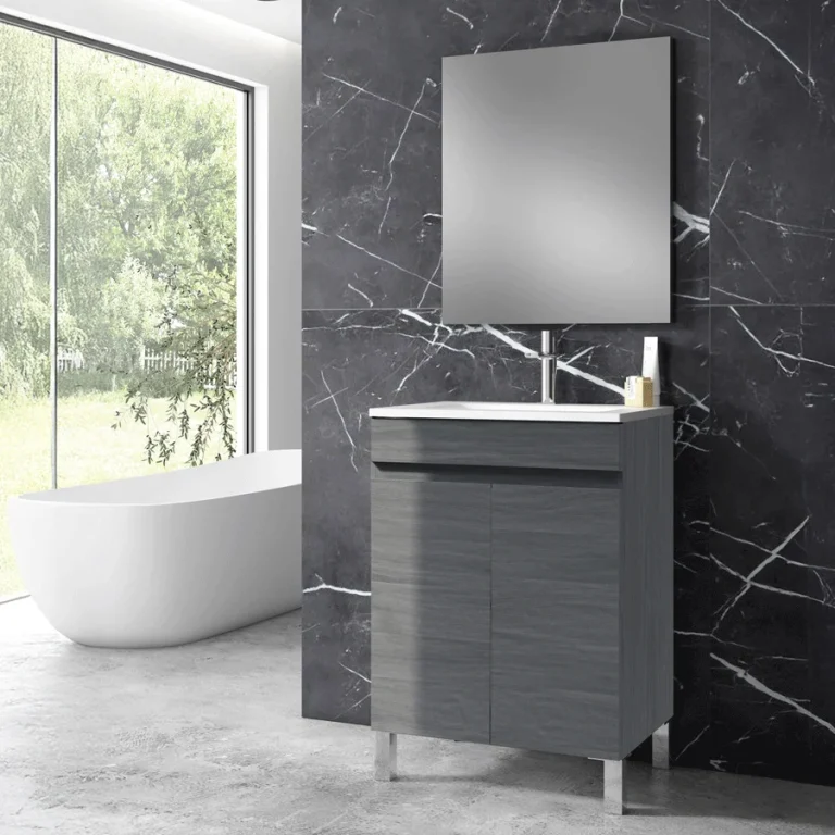 Mueble de baño Stephanie con 2 puertas, patas y lavabo cerámico, en gris antracita con espejo