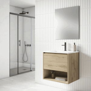 Mueble de baño suspendido Yera con lavabo cerámico y cajón con hueco abierto