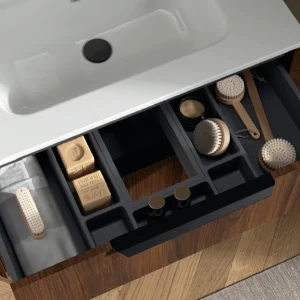 Conjunto de baño Luva 120 cm con doble lavabo porcelánico y cajón XL, con cajón abierto