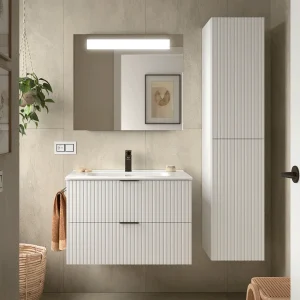 Conjunto de baño Biba con 2 cajones y lavabo porcelánico, en blanco, ambientado en baño, vista 4