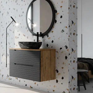Mueble de baño Roma suspendido con 2 cajones, frontal lacado y tapa de melamina, en negro, ambientado en baño