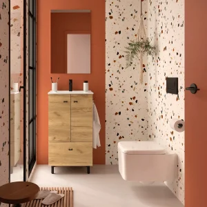 Conjunto de baño completo Inara con 2 puertas, 1 cajón, lavabo porcelánico y espejo incluido, en madera, ambientado en baño