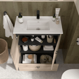 Conjunto de baño completo Inara con 2 puertas, 1 cajón, lavabo porcelánico y espejo incluido - Imagen 7