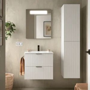 Conjunto de baño Biba con 2 cajones y lavabo porcelánico, en blanco, ambientado en baño