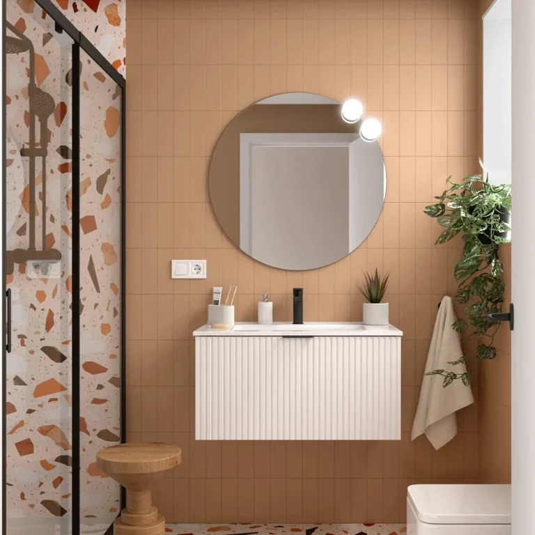 Mueble de baño Biba con un cajón y lavabo porcelánico, en blanco con espejo redondo