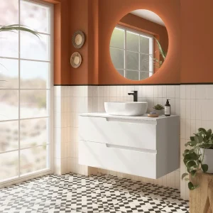 Conjunto de baño Vima suspendido con 2 cajones y encimera, en blanco, ambientado en baño, vista 7