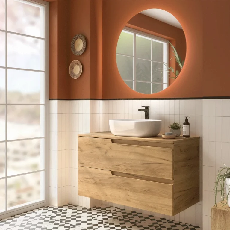 Conjunto de baño Vima suspendido con 2 cajones y encimera, en madera con espejo redondo