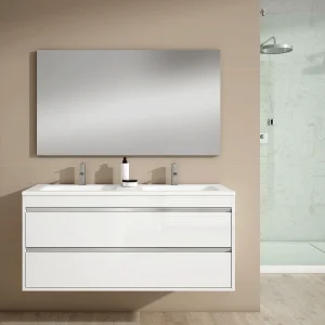 Mueble de baño Slider suspendido 120 cm con doble lavabo porcelánico, en blanco, ambientado en baño