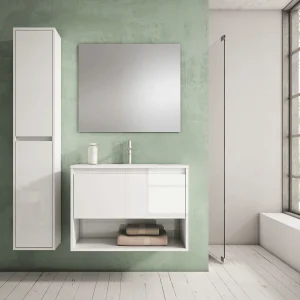 Columna de baño auxiliar 160 cm con puertas y cierre amortiguado, en blanco, ambientada en baño con pared verde
