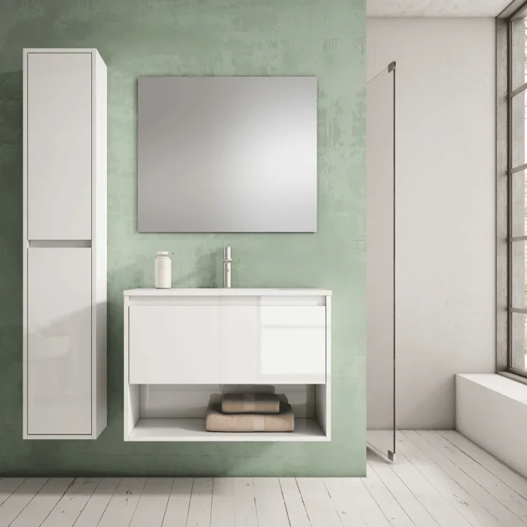 Columna de baño auxiliar 160 cm con puertas y cierre amortiguado, en blanco, ambientada en baño con pared verde