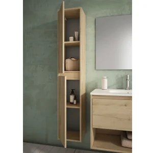 Columna de baño auxiliar 160 cm con puertas y cierre amortiguado, en madera, abierto con el interior visible
