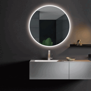 Espejo de baño Londres redondo con contorno arenado y luz LED fría