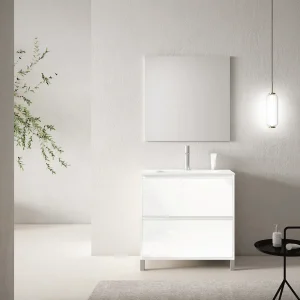 Mueble de baño Porto con patas y 2 cajones – lavabo incluido, en blanco, ambientado en baño
