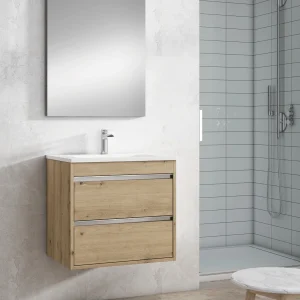 Mueble de baño Slider dos cajones suspendido con lavabo porcelánico, en madera, ambientado en baño, vista 4