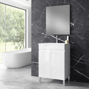 Mueble de baño Stephanie con 2 puertas, patas y lavabo cerámico - Imagen 3
