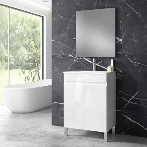 Mueble de baño Stephanie con 2 puertas, patas y lavabo cerámico, en blanco, ambientado en baño