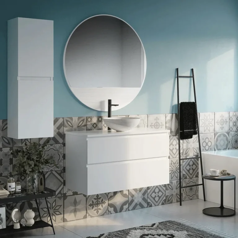 Mueble de baño Kalua suspendido con dos cajones y diseño moderno en lacado o melamina, en blanco con espejo redondo