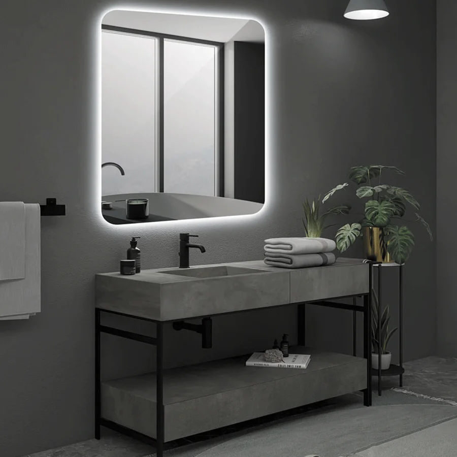 Espejo Dinamarca cuadrado retroiluminado con luz LED fría, sobre mueble con estructura negra