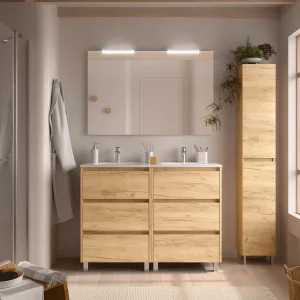 Mueble de baño Noja con 6 cajones, doble lavabo porcelánico y patas, en madera, ambientado en baño