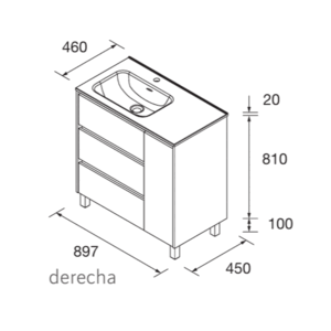 Mueble de baño Noja con 3 cajones, 1 puerta, lavabo desplazado y patas cromadas - Imagen 11